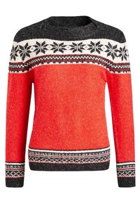 Pull rouge tricoté avec des motifs nordiques de flocons de neige noirs et blancs sur la poitrine, les poignets et l’ourlet, et un col côtelé noir.
