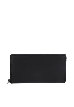 Cartera negra rectangular de cuero con cremallera, bordes cosidos y un pequeño logo de la marca en relieve en el centro.