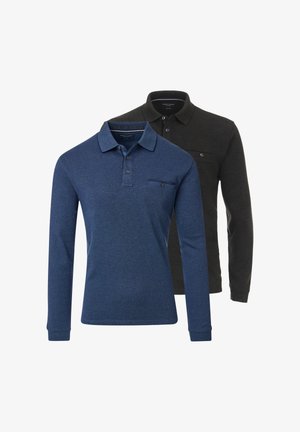 To lange polo-shirts med lange ærmer, en marineblå foran og en mørkegrå bagpå, begge med lukkede brystlommer.