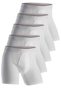 Hvide boxerunderbukser i en pakke med fem. Har en blød ribbet tekstur, elastisk talje med "DOVRE" logo, og en funktionel frontlomme.