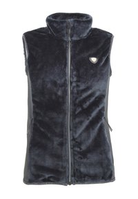 Gilet en polaire bleu marine foncé avec un col haut, une fermeture éclair frontale et des poches latérales, présentant une texture lisse et des accents de tissu contrastants.