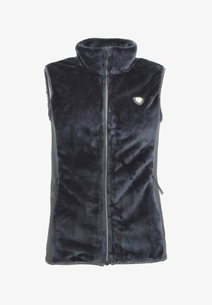 Gilet en polaire bleu marine foncé avec un col haut, une fermeture éclair frontale et des poches latérales, présentant une texture lisse et des accents de tissu contrastants.