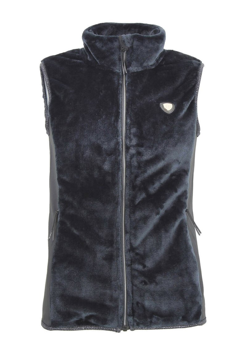 Gilet en polaire bleu marine foncé avec un col haut, une fermeture éclair frontale et des poches latérales, présentant une texture lisse et des accents de tissu contrastants.