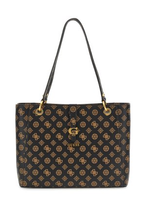 Borsa a spalla nera realizzata in materiale testurizzato con un motivo a logo marrone ripetuto. Presenta dettagli in metallo color oro e doppie cinghie per le spalle.