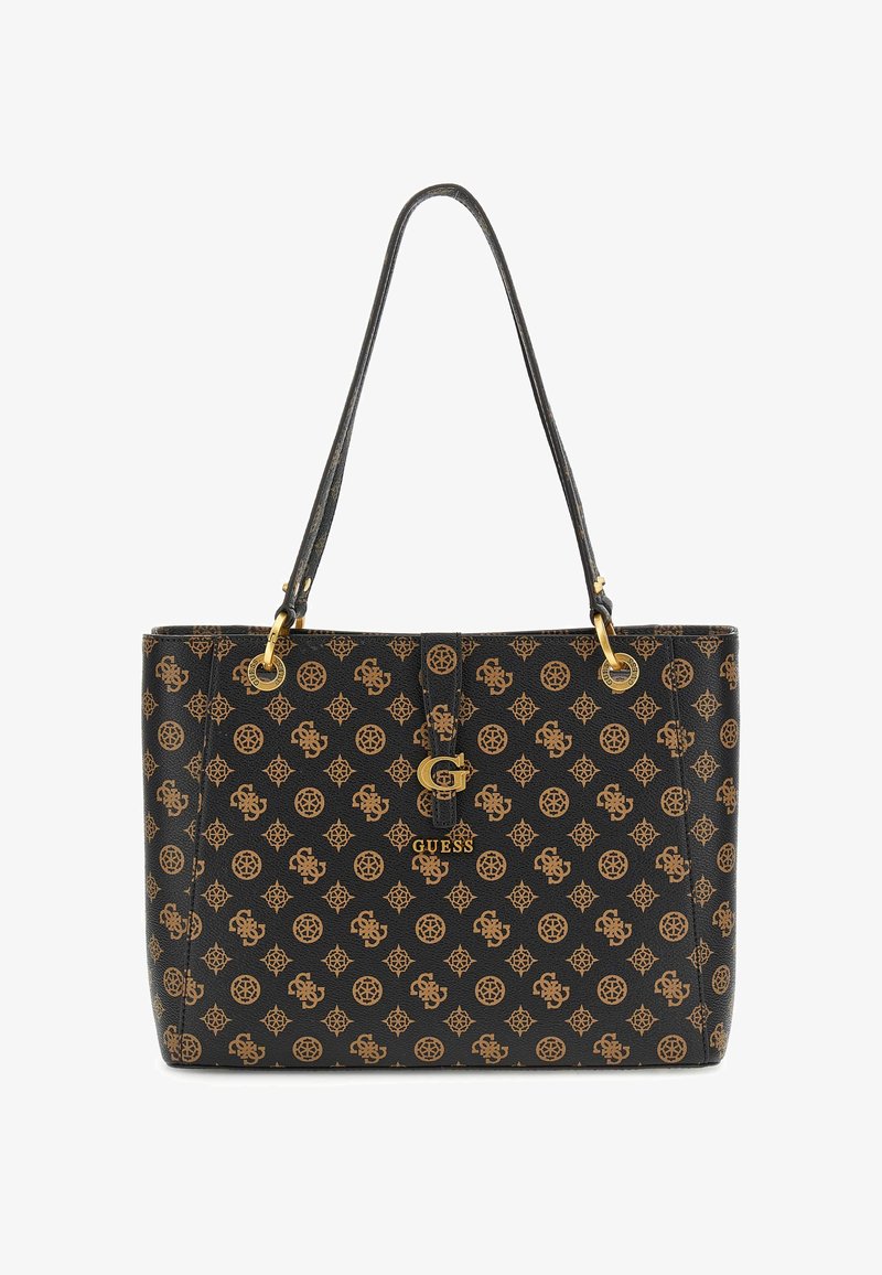 Borsa a spalla nera realizzata in materiale testurizzato con un motivo a logo marrone ripetuto. Presenta dettagli in metallo color oro e doppie cinghie per le spalle.