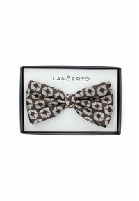 Brązowy muszka z geometrycznym wzorem w odcieniach beżu i ciemnego brązu, zapakowana w czarne pudełko z nazwą marki "LANČERTO".