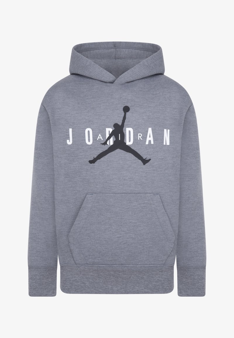 Grauer Hoodie mit Kängurutasche, ausgestattet mit einem schwarzen Jumpman-Logo und "JORDAN" in fetten weißen Buchstaben auf der Brust. Aus Baumwollmaterial.