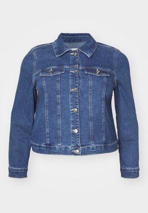 Veste en denim bleu avec un col, deux poches poitrine à rabat, patte de boutonnage sur le devant et manches longues.