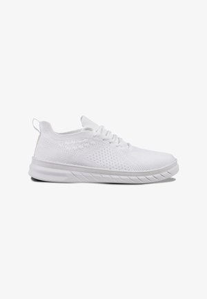 White athletic shoes made of breathable mesh material, featuring a flat rubber sole and lace-up design with a textured upper.