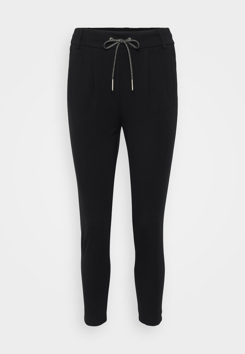 Schwarze tapered Hose mit einem Kordelzugbund, ausgestattet mit zwei Fronttaschen und einer glatten, dehnbaren Stoffstruktur.