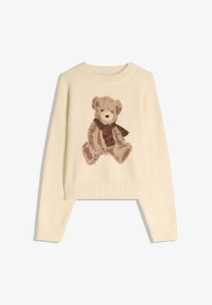 Kremfarvet sweater med et teddy-bjørn motiv i forskellige brune nuancer, med ribbet kant og en afslappet pasform. Blød tekstur.