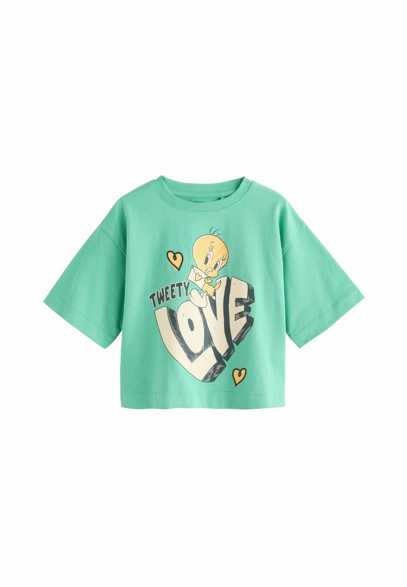 Mintgrünes, kurzärmliges Crop-Top T-Shirt mit einem Grafikdesign von Tweety Bird und dem Text "TWEETY LOVE" sowie kleinen Herzakzenten in Schwarz und Gelb.