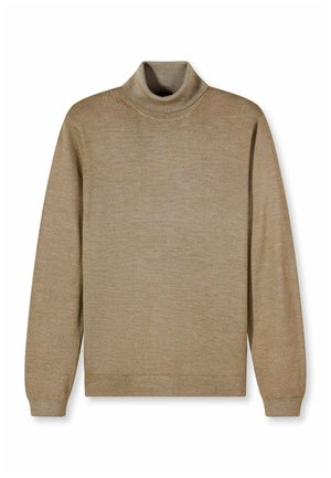 Beige turtleneck sweater made of soft knit fabric, featuring long sleeves, ribbed neck, and hem, with a smooth, uniform texture.