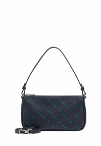 Sac à main en cuir bleu marine avec fermeture éclair, comportant un motif de logo vert répétitif. Inclut une bandoulière amovible.