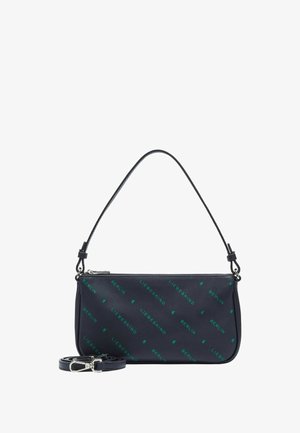 Sac à main en cuir bleu marine avec fermeture éclair, comportant un motif de logo vert répétitif. Inclut une bandoulière amovible.