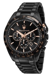 Zwarte stalen chronograaf-horloge met een zwarte wijzerplaat en roségouden accenten, drie subwijzerplaten en een schakelarmband met een gepolijste textuur.