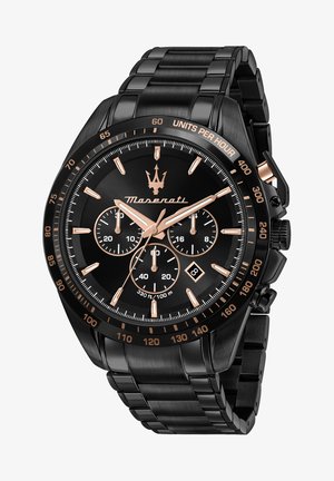 Sort stål chronograph ur med en sort urskive og roseguld detaljer, tre sub-dials og et link armbånd med poleret tekstur.