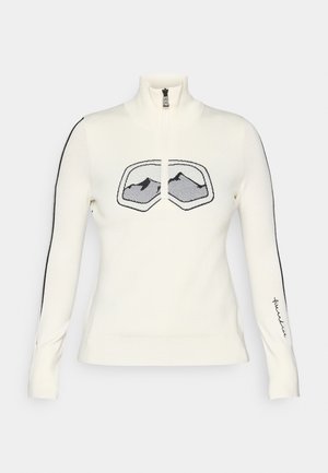 Sweater branco de malha com colarinho alto, fecho de meia zip e gráfico preto de montanha no peito. Listras pretas descem pelas mangas.