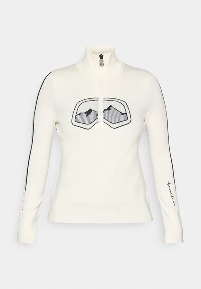 Λευκό πλεκτό πουλόβερ με ψηλό γιακά, μισό φερμουάρ και μαύρη γραφική απεικόνιση βουνού στο στήθος. Μαύρες ρίγες διατρέχουν τα μανίκια.