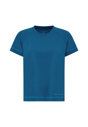 Blue short-sleeve crew neck athletic t-shirt with raglan sleeves and small Vaude logo near the bottom hem on a white background.