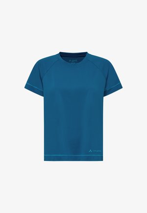 Blue short-sleeve crew neck athletic t-shirt with raglan sleeves and small Vaude logo near the bottom hem on a white background.