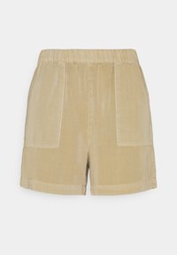 Pantaloncini in velluto a coste color kaki con vita elasticizzata, due tasche anteriori e vestibilità comoda; tessuto morbido e orli rifiniti.