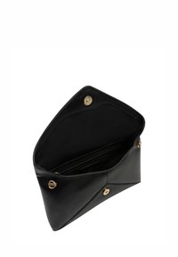 Schwarze Umschlagtasche aus Leder mit glatter Oberfläche, goldfarbenen Beschlägen und einem geräumigen Innenraum mit Fach zur besseren Organisation.