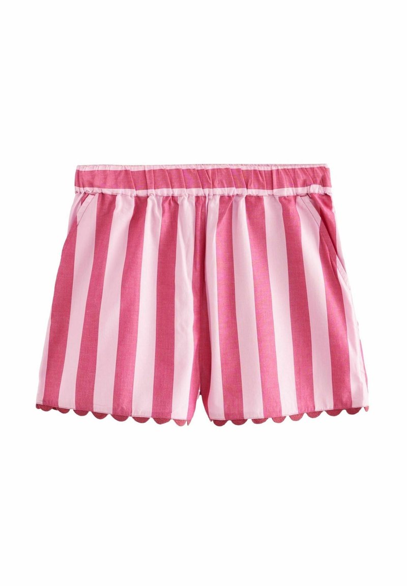 Shorts rayés rose et blanc avec un ourlet festonné, dotés d'une taille élastique et de poches latérales. Fabriqués en tissu léger.