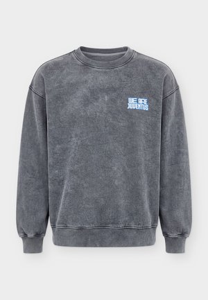 Tmavosivá mikina s okrúhlym výstrihom a rebrovanými manžetami a lemom, s bielo-modrým textom „WE ARE JUVENTUS“ na hornej ľavej strane hrudníka.