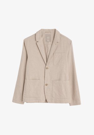 Sacou de bumbac bej pentru bărbați, cu rever notched, două buzunare frontale și închidere cu un singur buton. Material texturat cu un design casual.