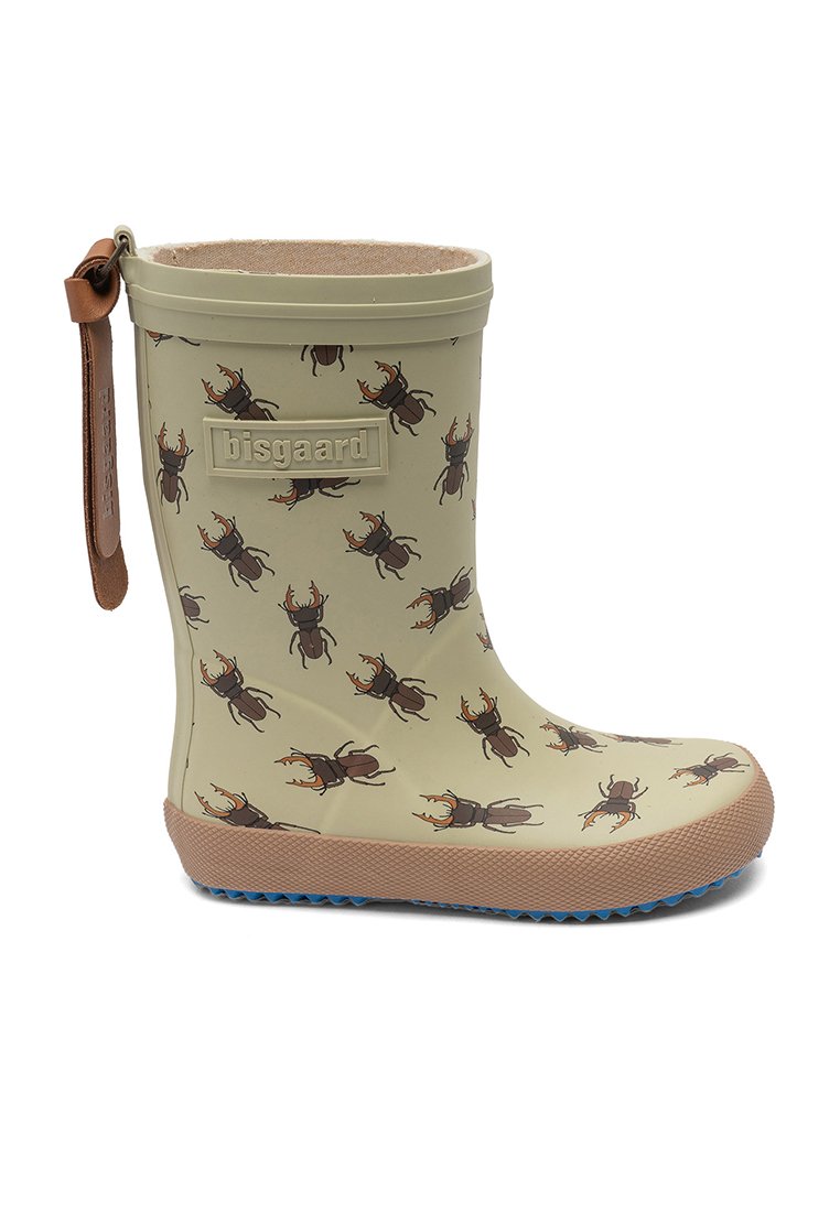 Groene rubberen regenlaars met een keverpatroon, een tan kleurige zool, blauwe loopzool en een bruine leren lus aan de zijkant voor gemakkelijk aan- en uittrekken.