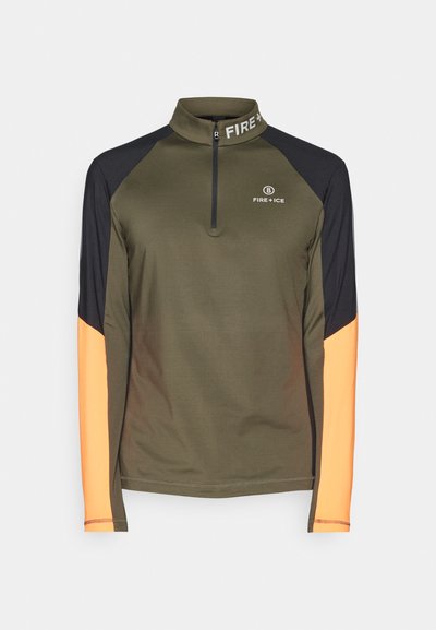 Men's long-sleeve zip-up top in olive green with black and orange accents, featuring a high collar and "FIRE + ICE" branding.