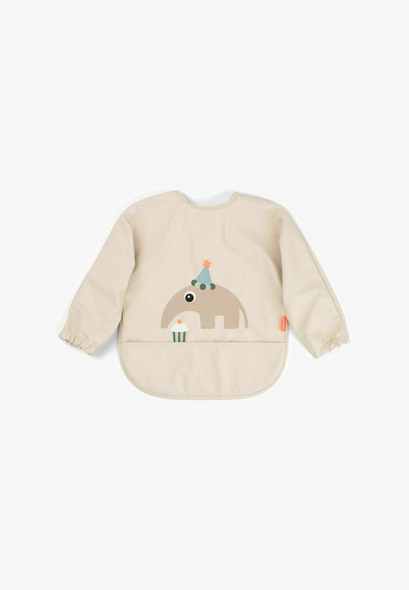 Bež otroški plašček z dolgimi rokavi, na katerem je motiv slona s praznično kapo in mafini. Izdelan iz vodoodpornega materiala.