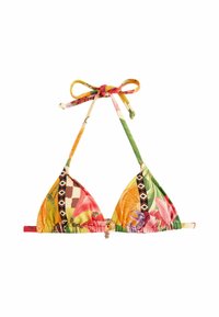 Bikini-Oberteil mit Blumenmuster, dreieckigen Körbchen, mehrfarbigem Stoff, verstellbaren Bändern und einem dekorativen Akzent in der Mitte.