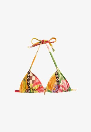 Haut de bikini à imprimé floral avec des bonnets triangulaires, en tissu multicolore, avec des liens ajustables et un accent décoratif au centre.