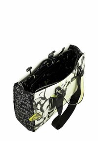 Handtasche mit schwarz-weißem Blumenmuster, Reißverschluss oben, Innentaschen und gelben Akzentbeschlägen. Verfügt über schwarze Lederriemen.