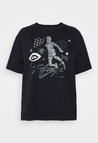 Black cotton t-shirt featuring a graphic print of a basketball player, abstract designs, and text in silver accents. Relaxed fit with short sleeves.