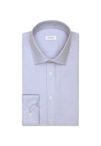 Camicia da uomo azzurra con motivo, colletto all'inglese, maniche lunghe e polsini con un bottone. Presenta bottoni bianchi e un'etichetta con la dicitura "seidensticker."