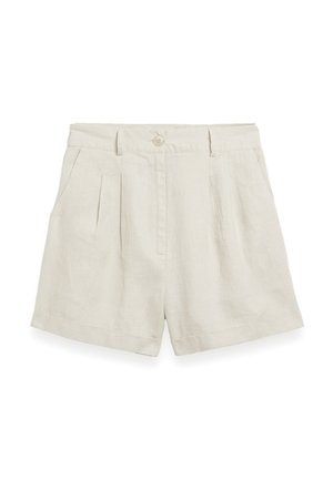Leinen-Shorts in hellbeige mit Vorderfalten, einem Knopfverschluss und seitlichen Taschen. Bietet eine taillierte Passform und einen umgeschlagenen Saum.