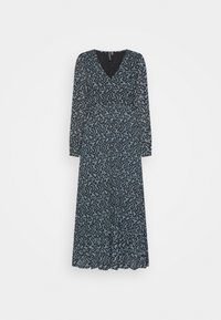 Robe noire à fleurs avec des manches longues, un col en V et une jupe évasée. Présente un motif floral bleu dispersé sur un tissu texturé.