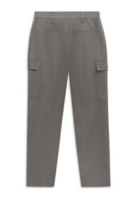 Graue Cargo-Hosen mit einem strukturierten Muster, die über zwei Seitentaschen, einen geraden Schnitt und ein flaches Frontdesign verfügen.
