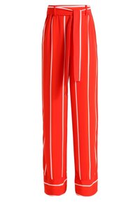 Rode wijde broek met witte verticale strepen. Heeft een strikband in de taille en is gemaakt van een gladde, lichte stof. De boorden hebben contrasterende details.