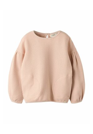 Roze gestructureerde trui met een ronde halslijn, poffige lange mouwen en decoratieve stiksels. Voorzien van een knoopsluiting op de rug.