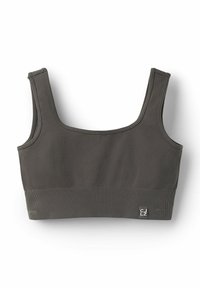Szara sportowa bardotka z prążkowanego materiału, z szerokimi ramiączkami, kwadratowym dekoltem i logotypem na przedniej stronie. Miękki, elastyczny materiał.