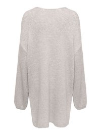 Oversized gray knit sweater with long sleeves and a wide boat neckline. Textured fabric with ribbed cuffs and hem.