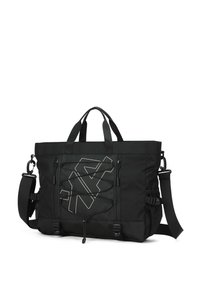 Borsa tote in tessuto nero con una grande grafica bianca, tracolla regolabile, doppi manici superiori e dettagli in rete con scomparti con zip.
