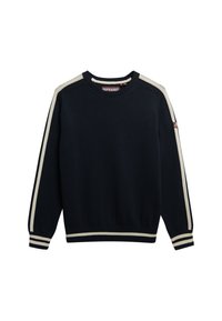 Granatowy sweter robiony na drutach z kremowymi paskami na rękawach oraz ściągaczami przy mankietach i u dołu. Okrągły dekolt. Metka "Superdry" wewnątrz kołnierza.