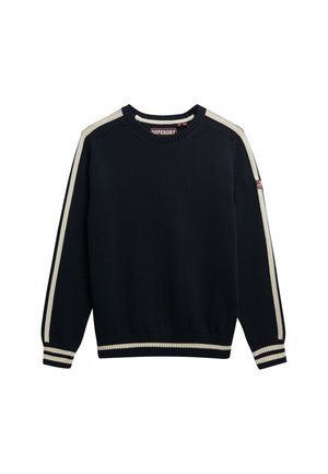 Marineblauwe gebreide trui met crèmekleurige strepen op de mouwen en geribbelde mouwen en zoom. Ronde halslijn. "Superdry" label in de kraag.