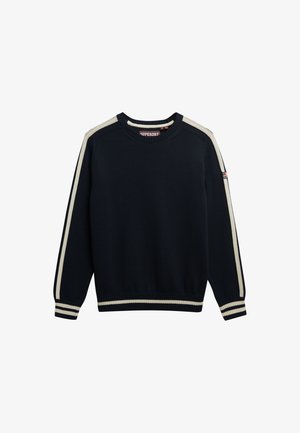 Granatowy sweter robiony na drutach z kremowymi paskami na rękawach oraz ściągaczami przy mankietach i u dołu. Okrągły dekolt. Metka "Superdry" wewnątrz kołnierza.