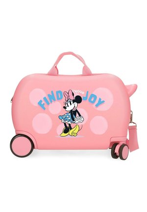 Maleta infantil rígida rosa con ruedas, asa, gráfica de Minnie Mouse y texto "Encuentra tu alegría" en azul y blanco.